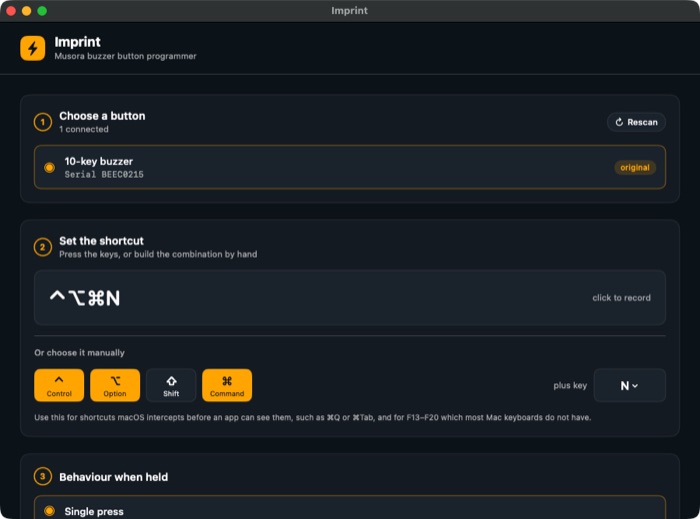 Imprint — pick a button, set the shortcut, press to confirm