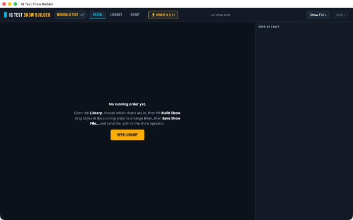 IQ Test Show Builder — build the running order, save the show file