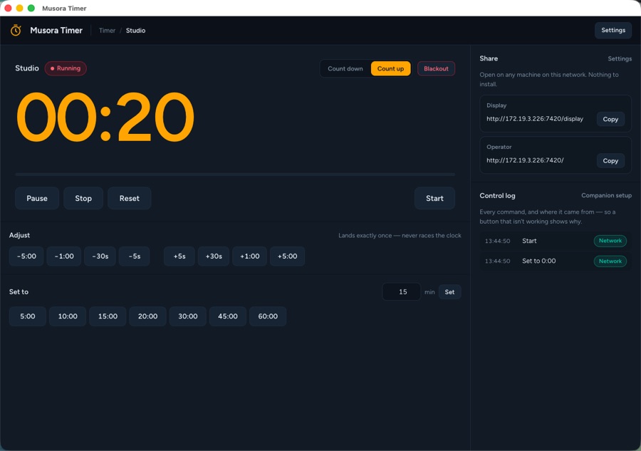 Musora Timer — counting up, with the share links and the control log